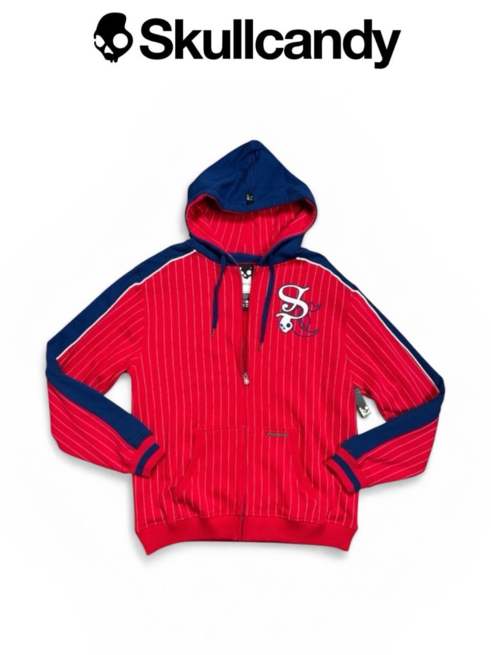 NWT SKULLCANDY Y2K RED PINSTRIPE ZIP HOODIE SKULL LOGO STREETWEAR SIZE XL